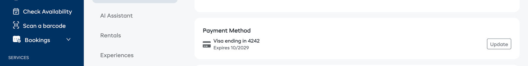 The Payment Method section showing the card type, last four digits, and expiry date