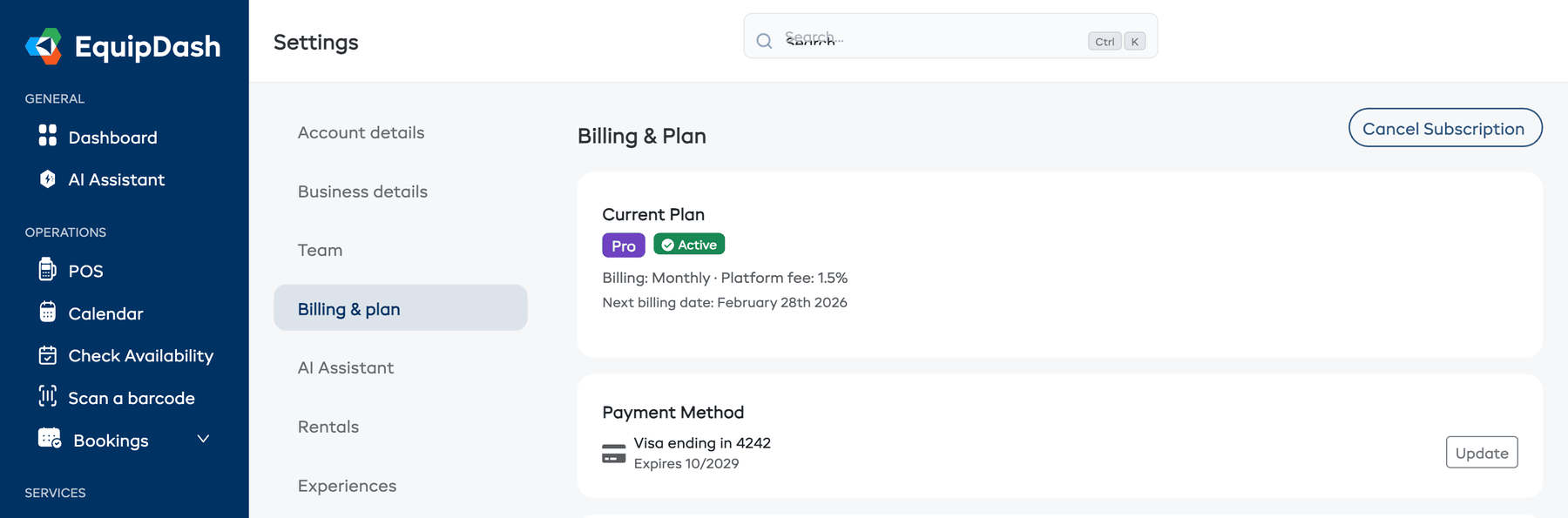 The top of the Billing & Plan page showing the current plan, payment method, and usage