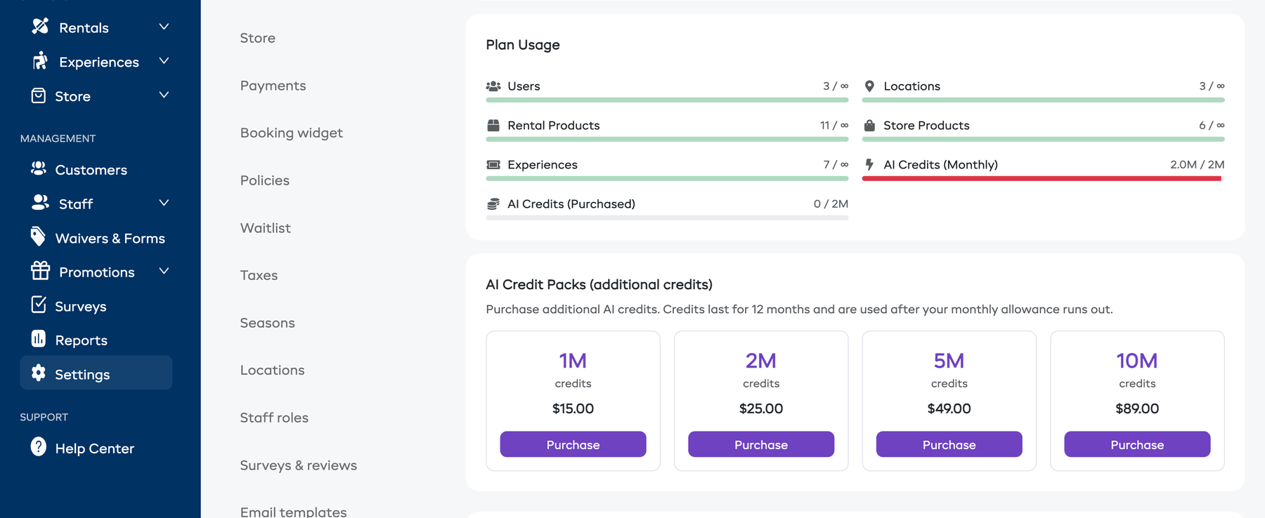 The Plan Usage section with progress bars for Users, Locations, Products, Experiences, and AI Credits