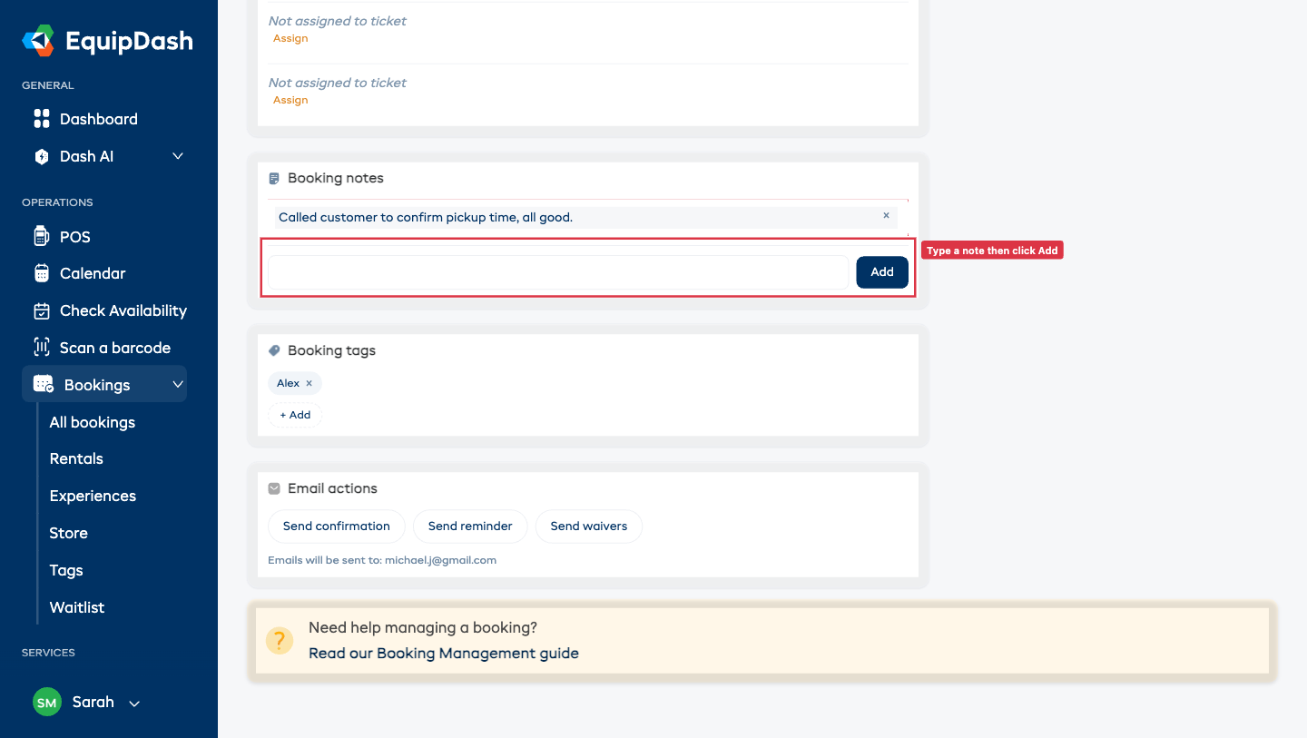 The Booking notes card on a booking detail page showing existing notes and the inline Add textarea + button at the bottom.