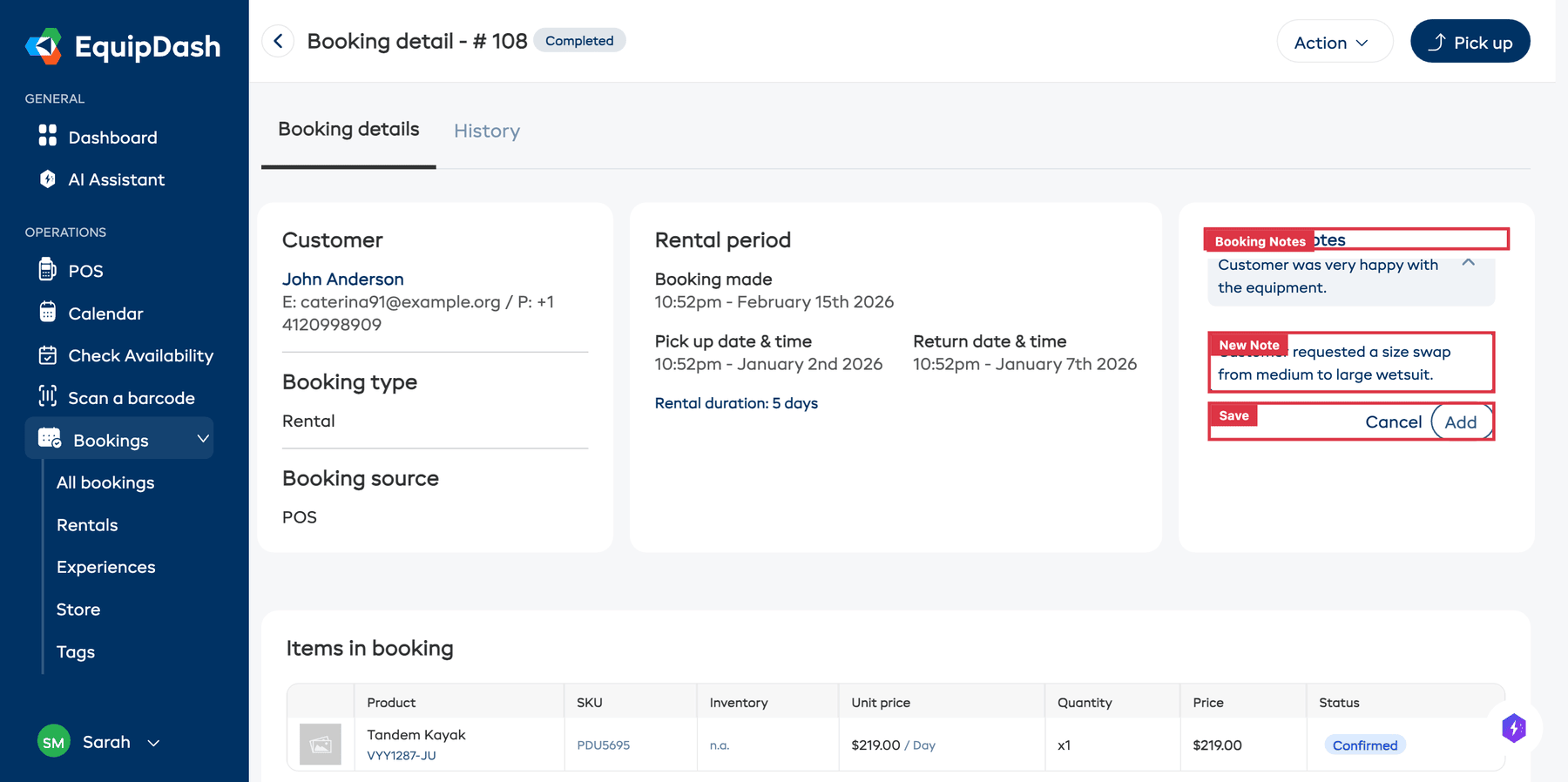 The Booking notes section on a booking detail page with the Add note link and text field.