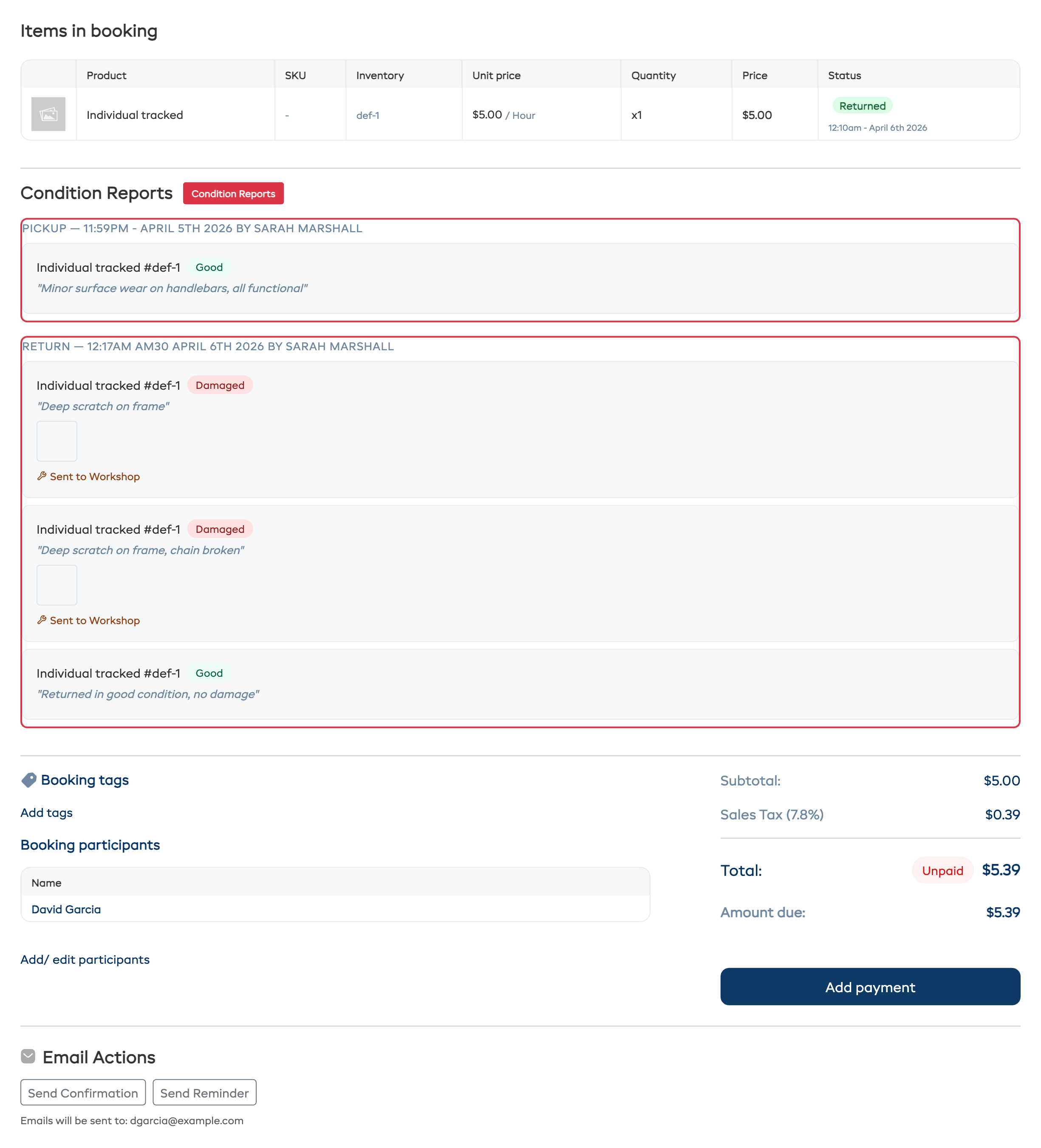 The Condition Reports section on a booking detail page, showing pickup and return reports with condition badges and notes.