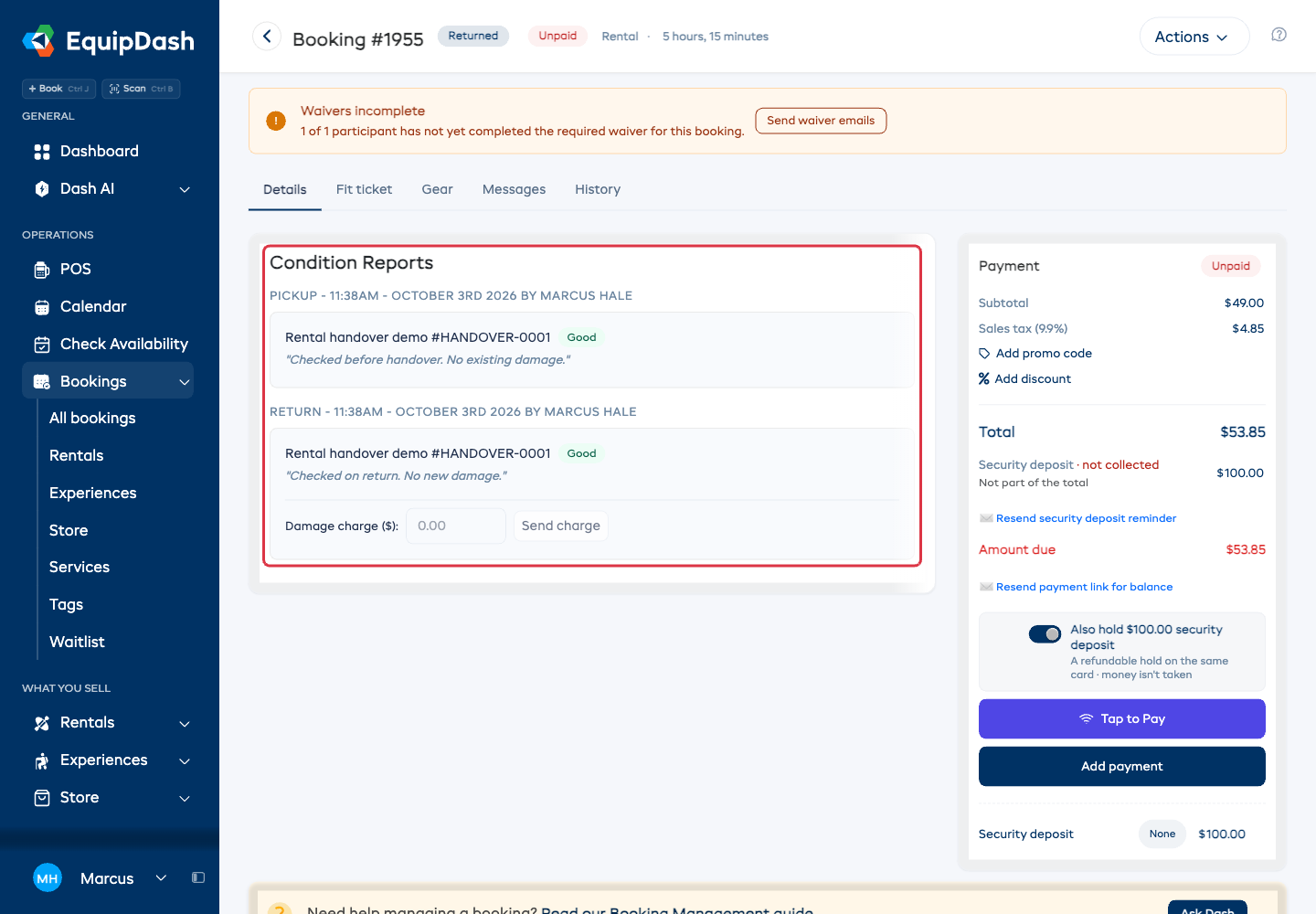 The Condition Reports section on a booking detail page, showing pickup and return reports with condition badges and notes.