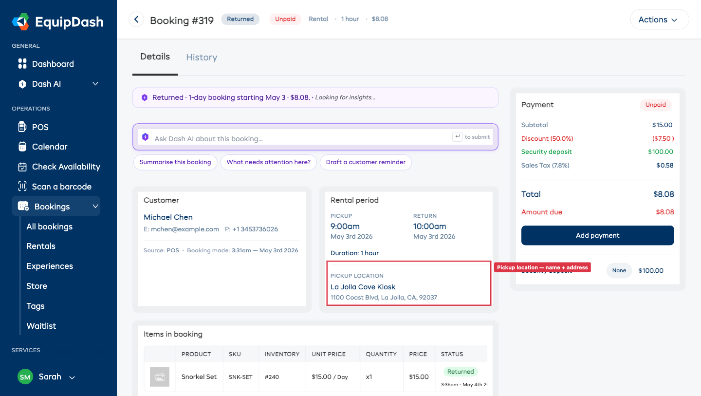 Booking detail page showing the pickup location name and address