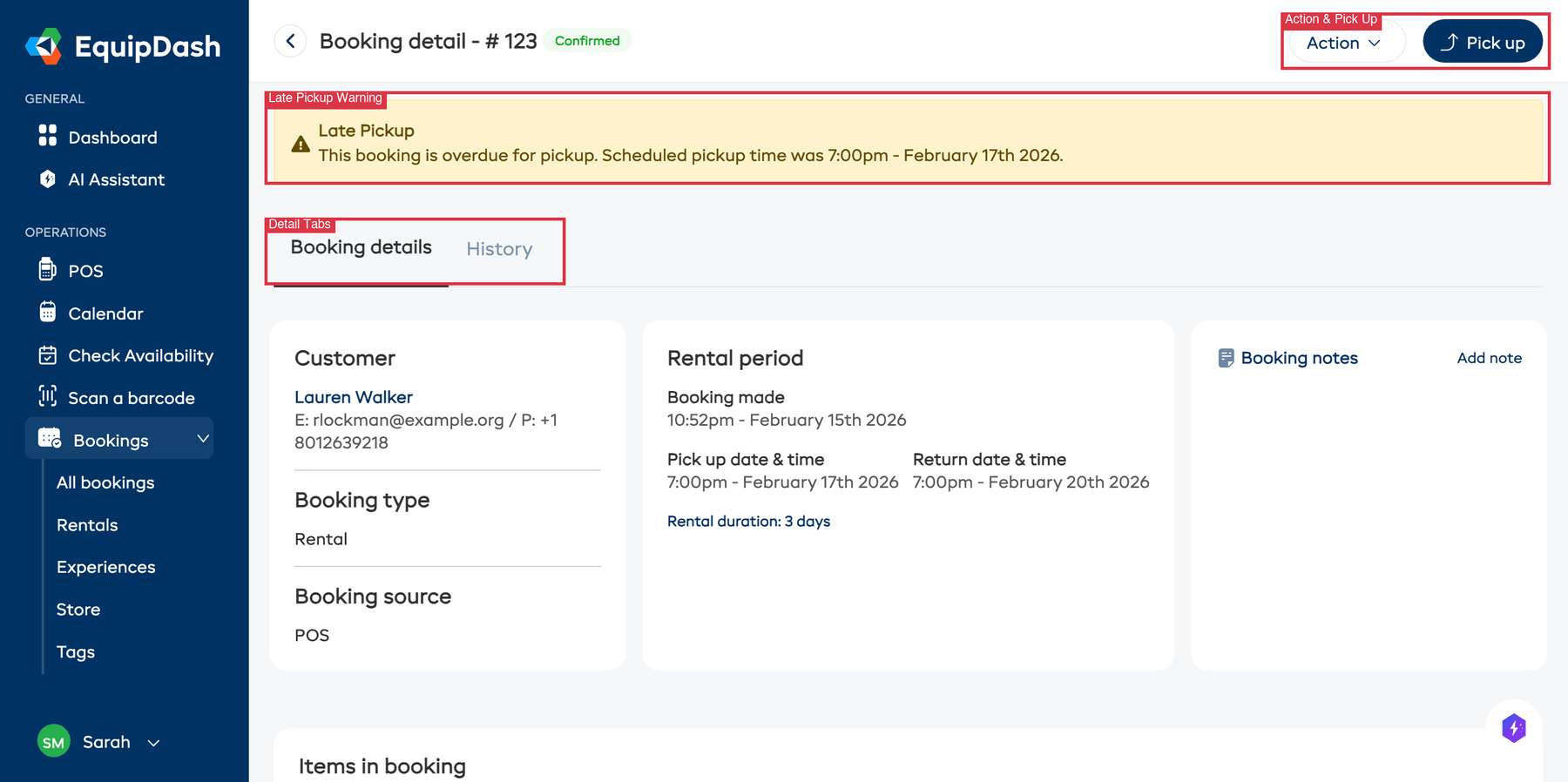 The booking detail page with the Booking details tab active, showing customer info, items, and pricing breakdown.