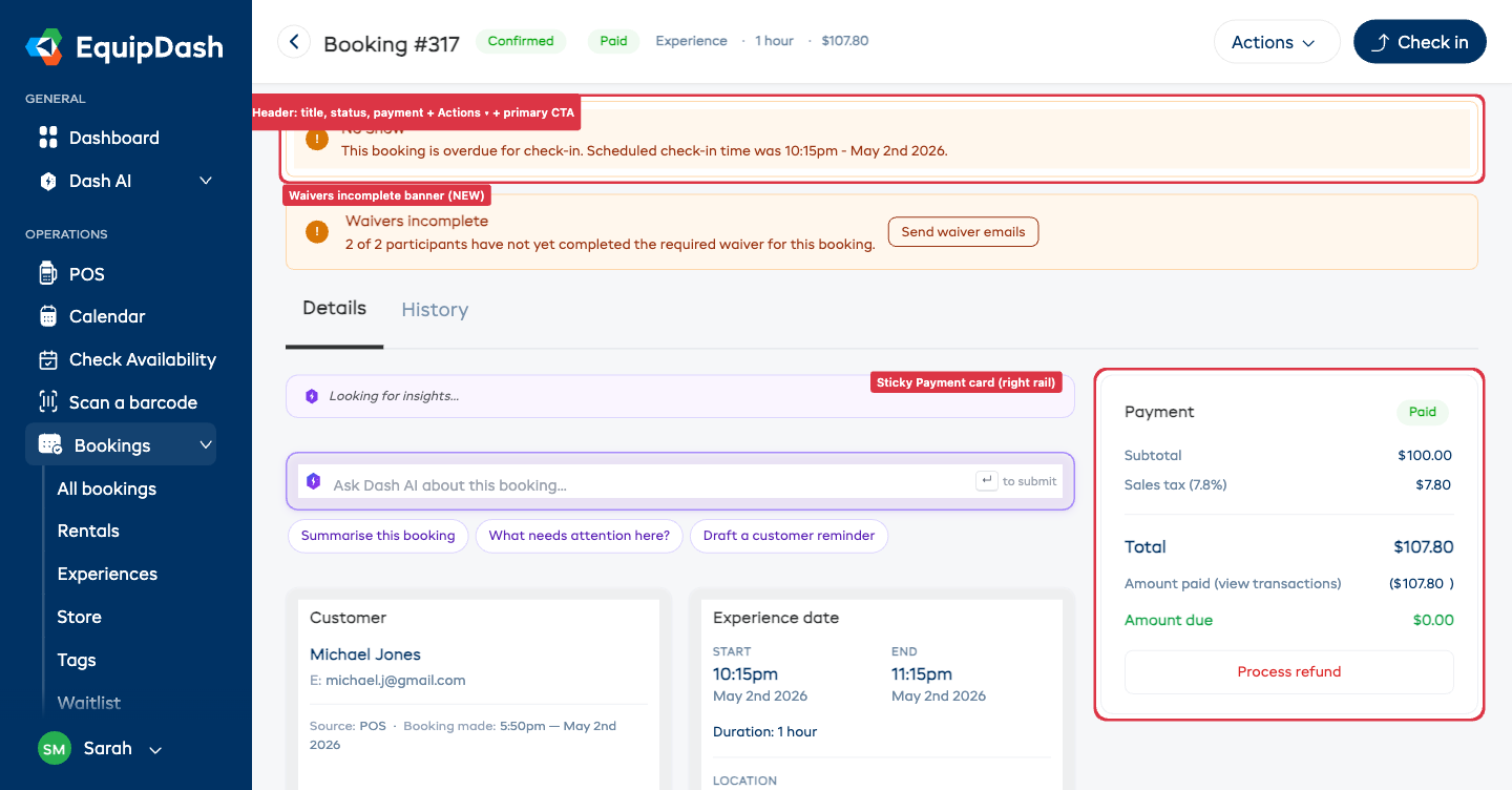 The redesigned booking detail page showing the header strip, banners, two-column layout (main + right-rail Payment), and inline-editable participants section.