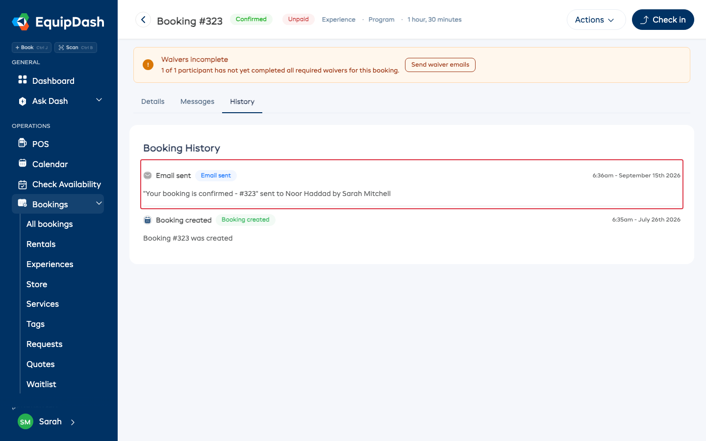 The History tab on a booking, with an Email sent entry naming the confirmation email, the customer and the team member who sent it.