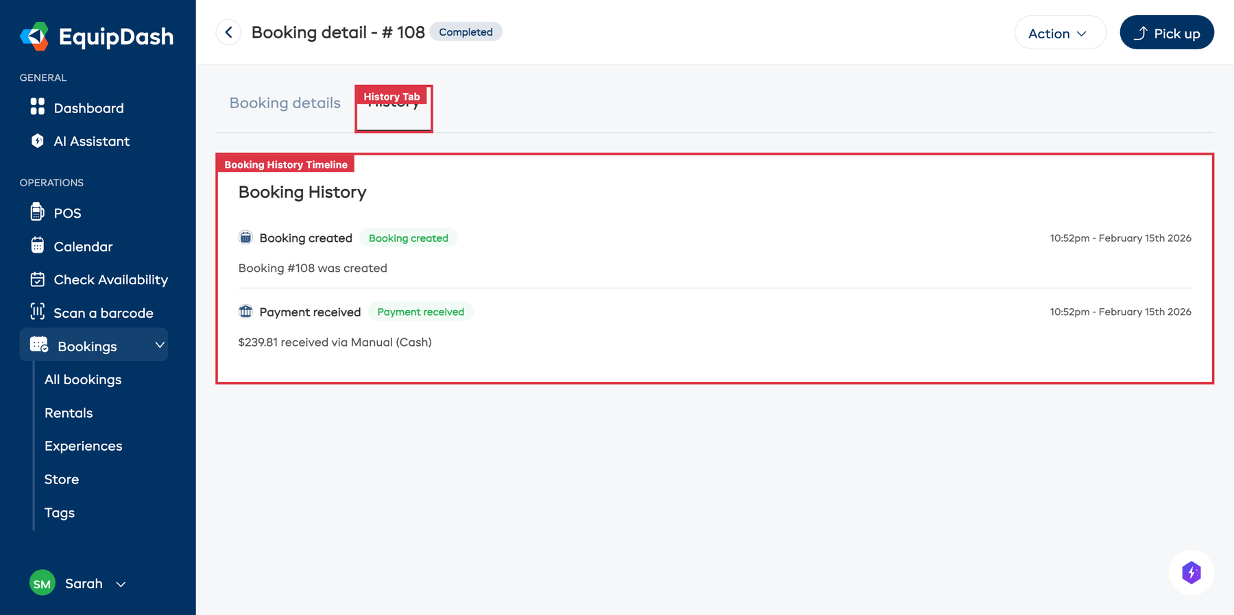 The History tab on a booking detail page showing the Booking History timeline with events.