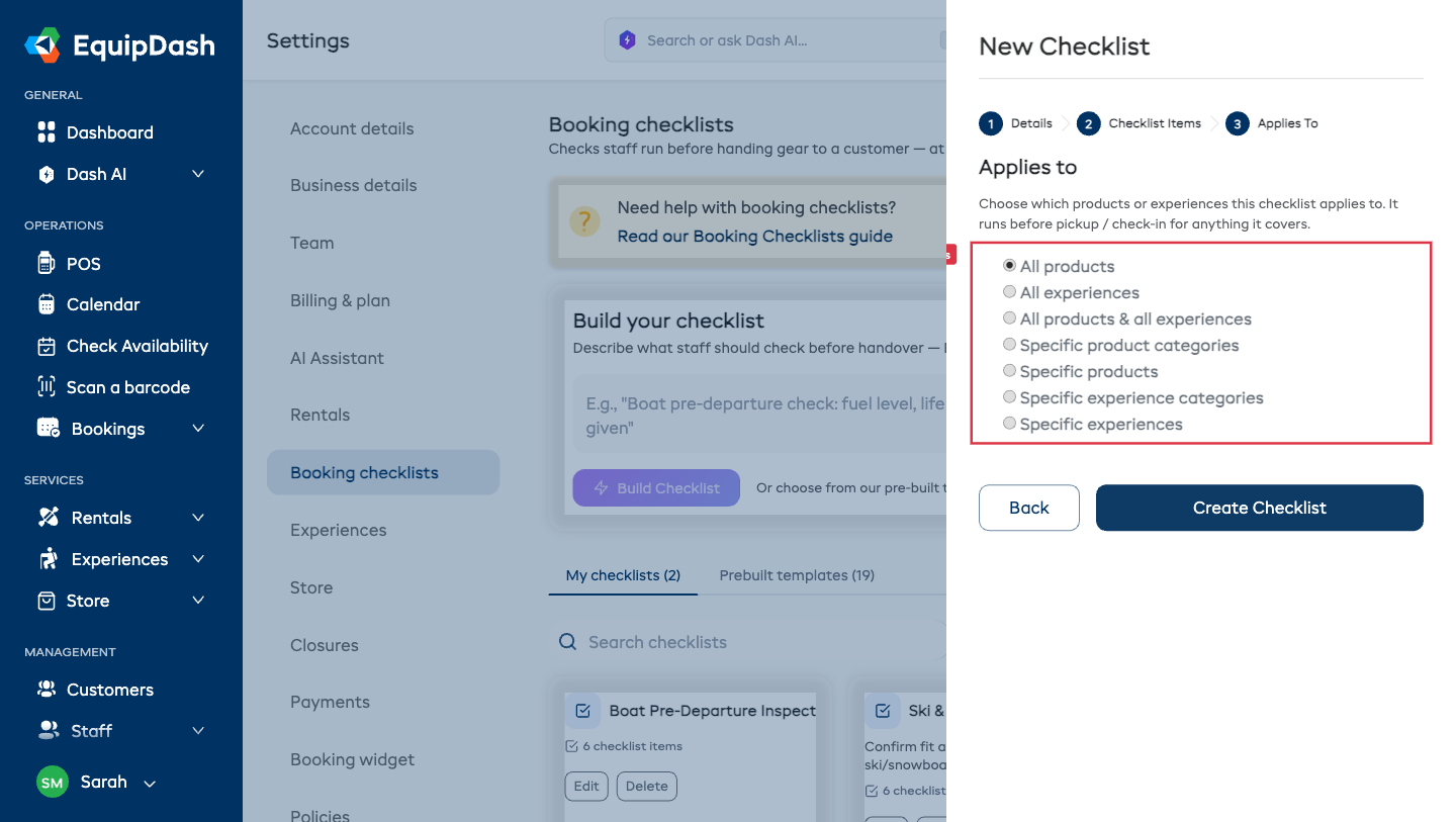 Step 3 of the New Checklist panel — the Applies to step — with the options for all products, all experiences, specific products, categories, and experiences.