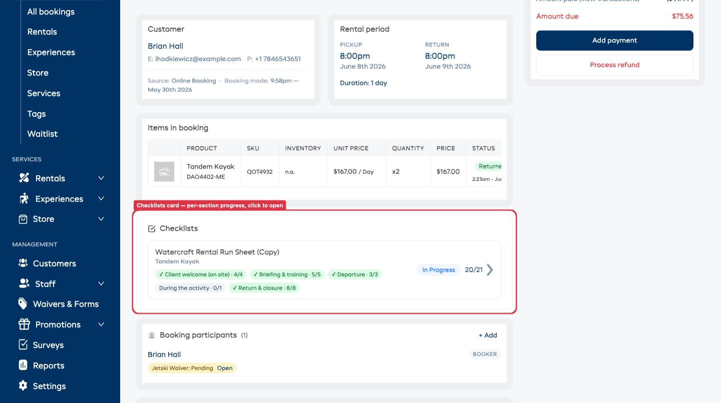 The Checklists card on a booking detail page, showing a run sheet with per-section progress chips and an overall progress count.