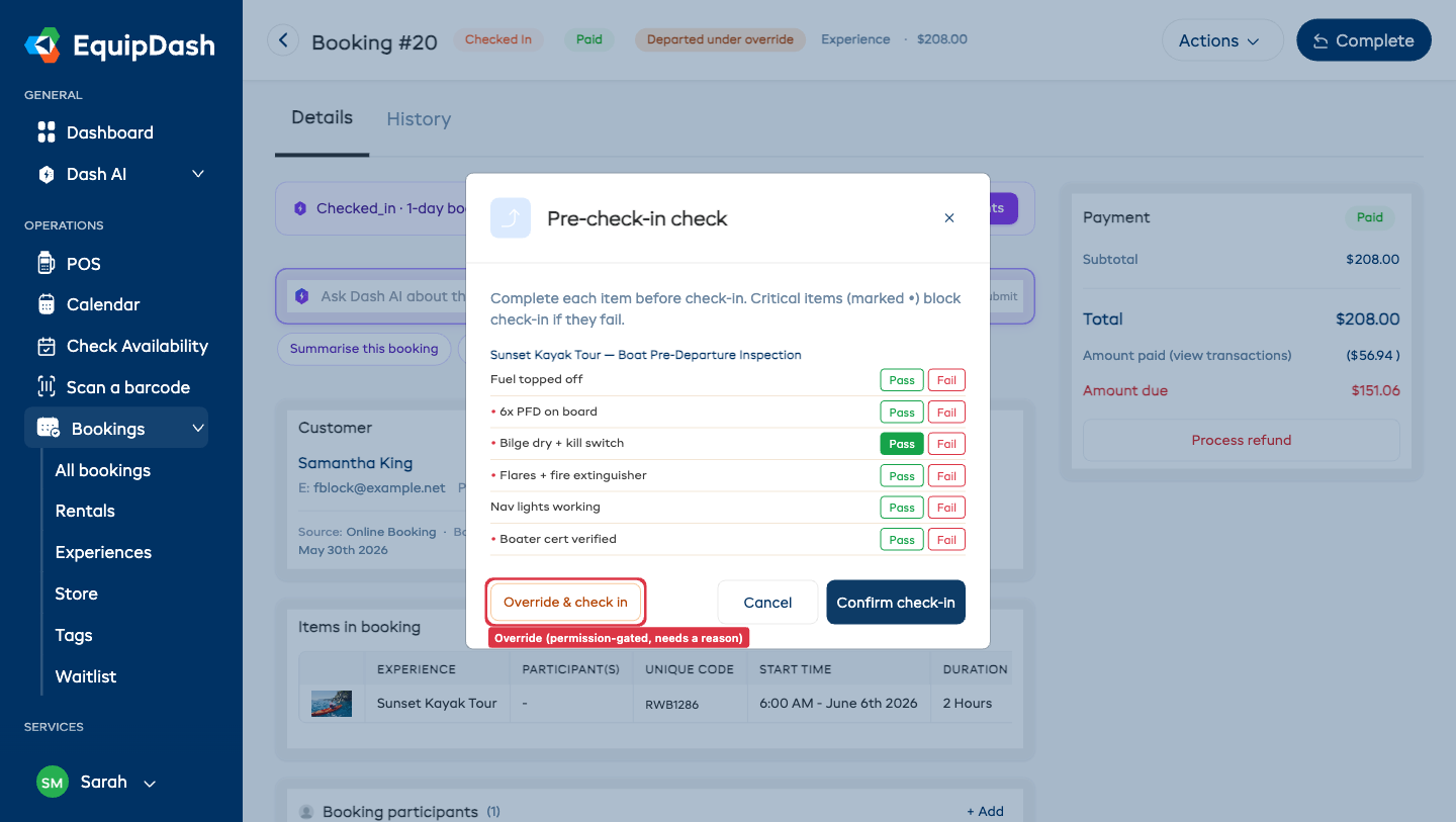 The Pre-check-in check modal on an experience, listing the checklist items with Pass and Fail buttons and a Confirm check-in button.