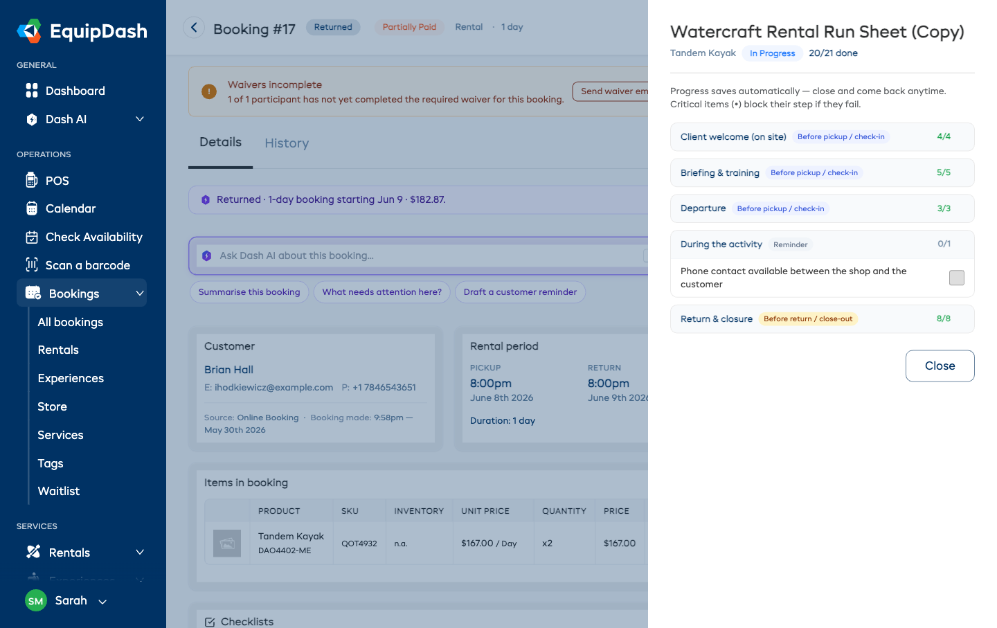 The run-sheet panel opened from the Checklists card, with collapsible sections, Must be done before badges, and Pass/Fail and checkbox items.
