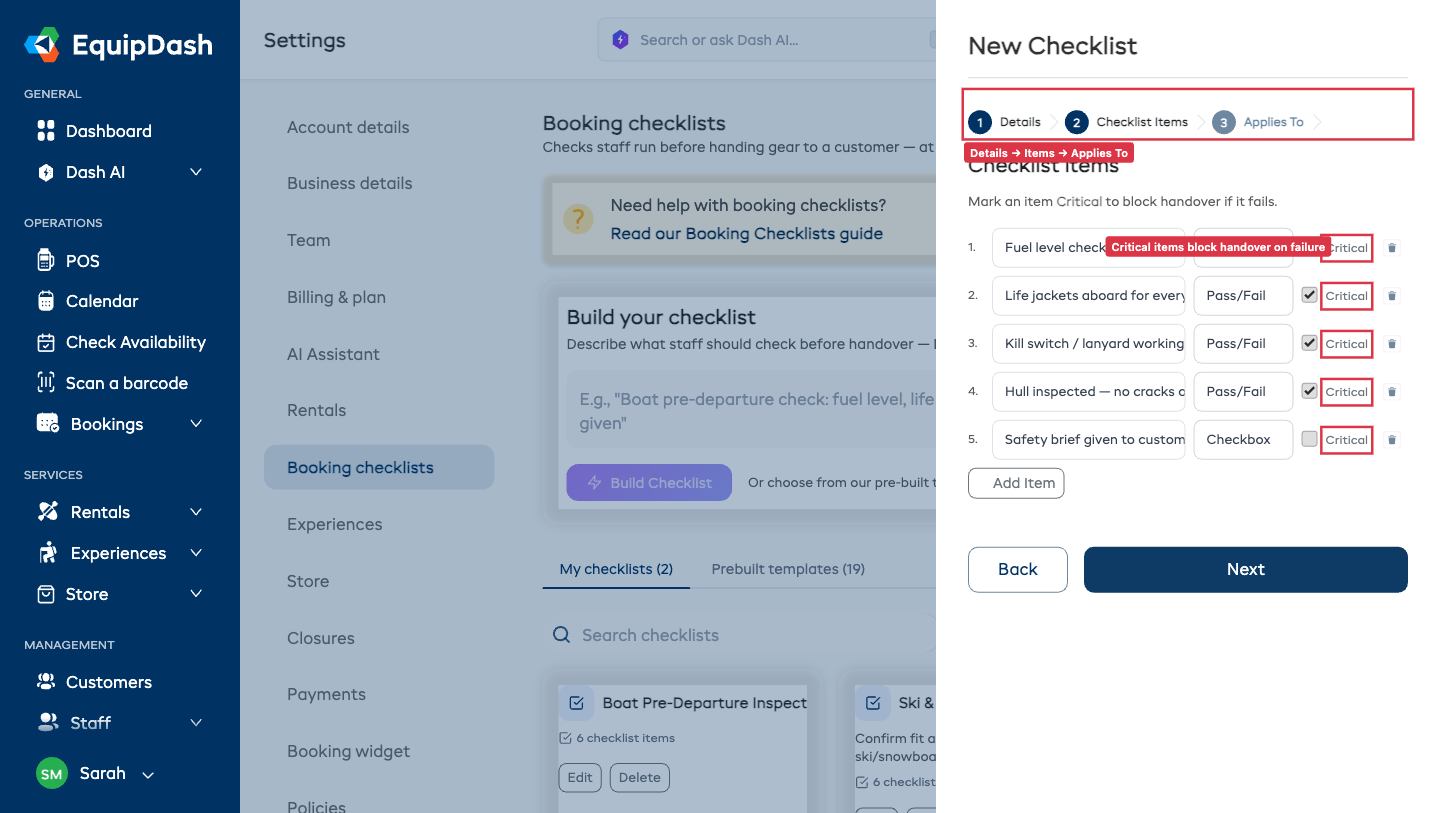 Step 2 of the New Checklist panel, showing checklist items with their label, type dropdown, and Critical tick.