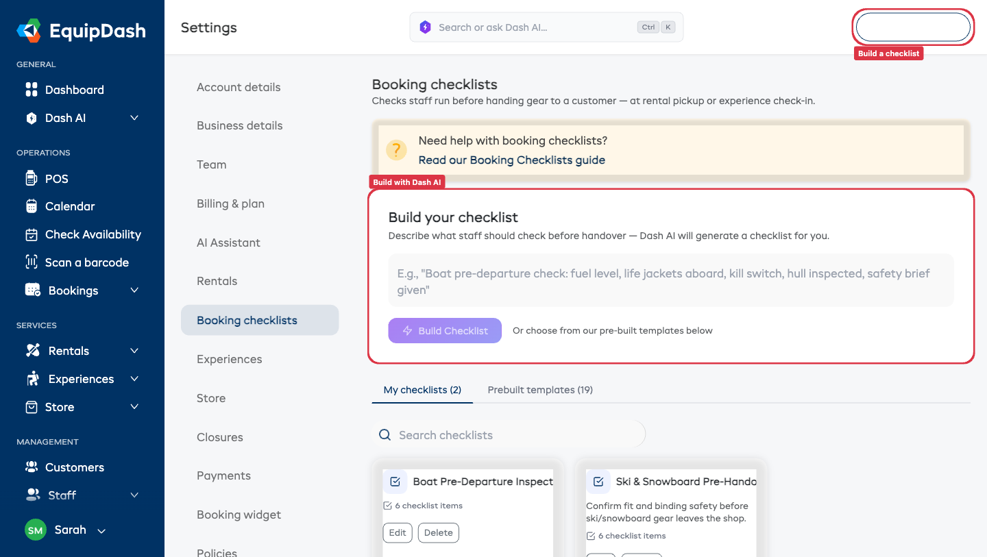 The Settings → Booking checklists page, showing the Build your checklist box, the My checklists and Prebuilt templates tabs, and the checklist cards.