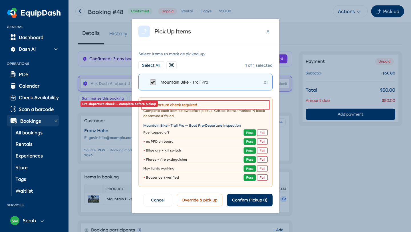 The rental pickup modal showing the Pre-departure check required banner with checklist items, each with Pass and Fail buttons and red dots on critical items.