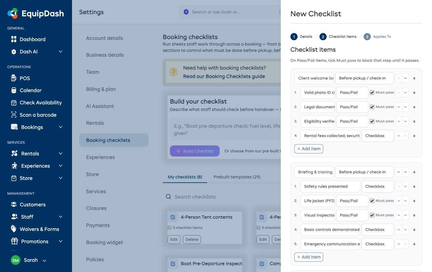 Step 2 of the New Checklist panel in sectioned mode, showing named sections with their Must be done before dropdowns and items grouped under each.