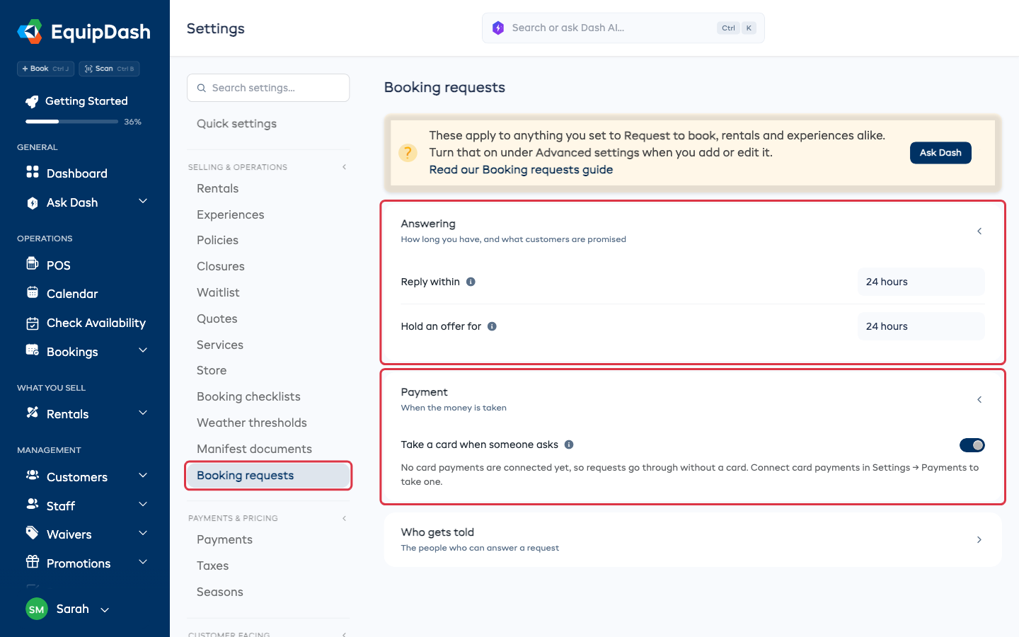 Settings β Booking requests, with Answering and Payment