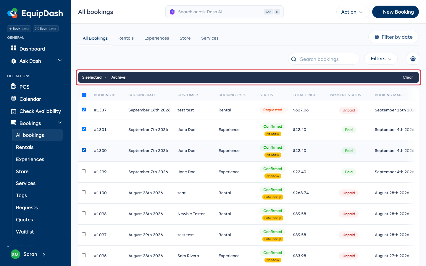 The bar above the bookings list with three bookings ticked