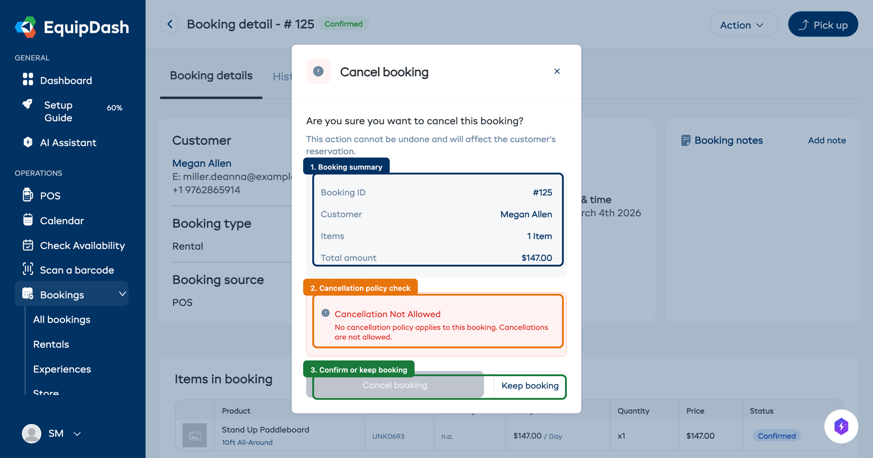 The Cancel Booking modal showing the booking summary, cancellation policy, and confirmation buttons