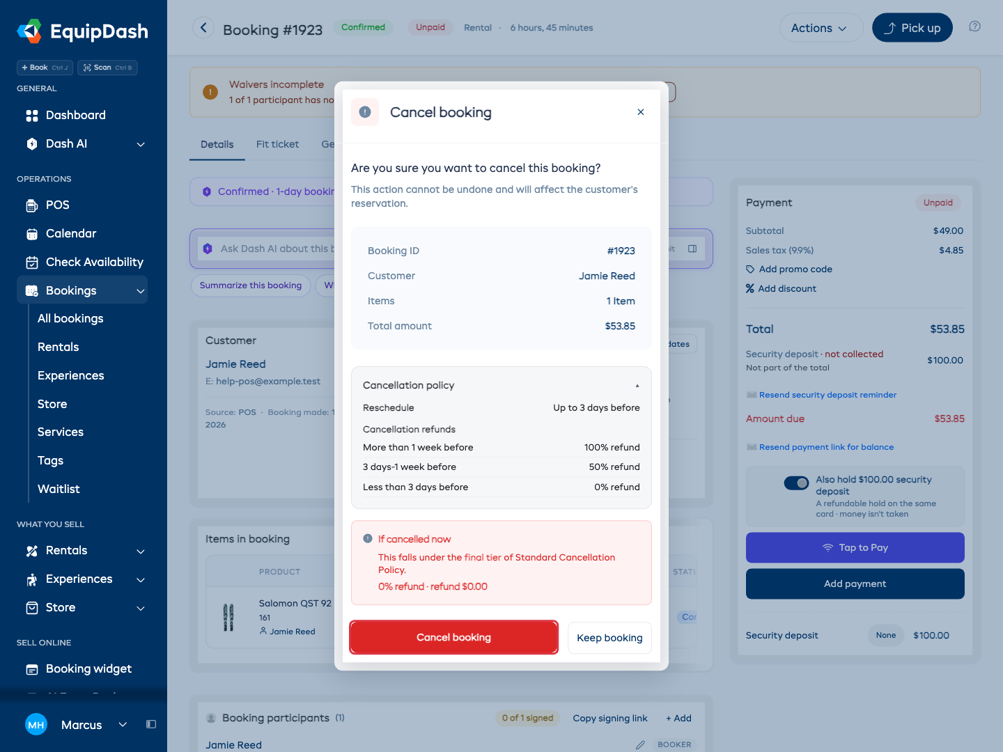 The Cancel Booking modal showing the booking summary, cancellation policy, and confirmation buttons