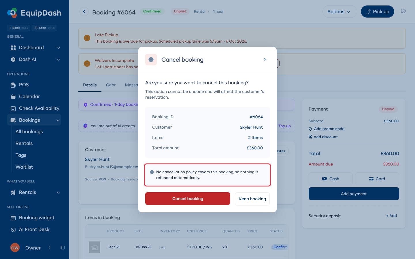 The cancel window with the line saying no cancellation policy covers this booking, so nothing is refunded automatically