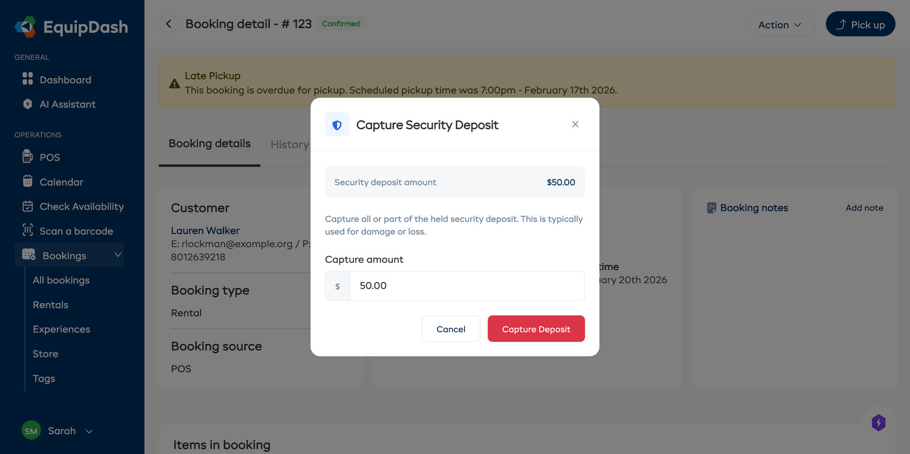 The Capture Security Deposit modal showing the deposit amount, capture amount field, and Capture Deposit button.