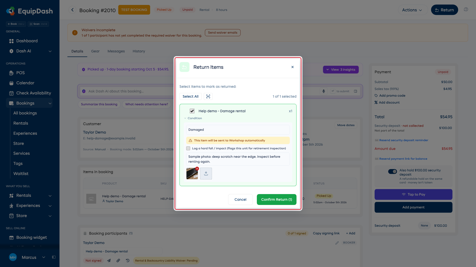 Return dialog with the damaged condition, note, and photo