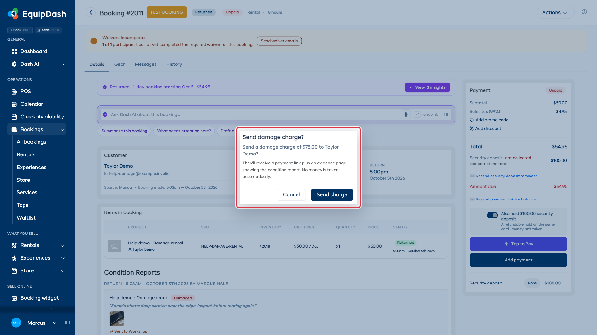 Confirmation showing the customer and damage amount
