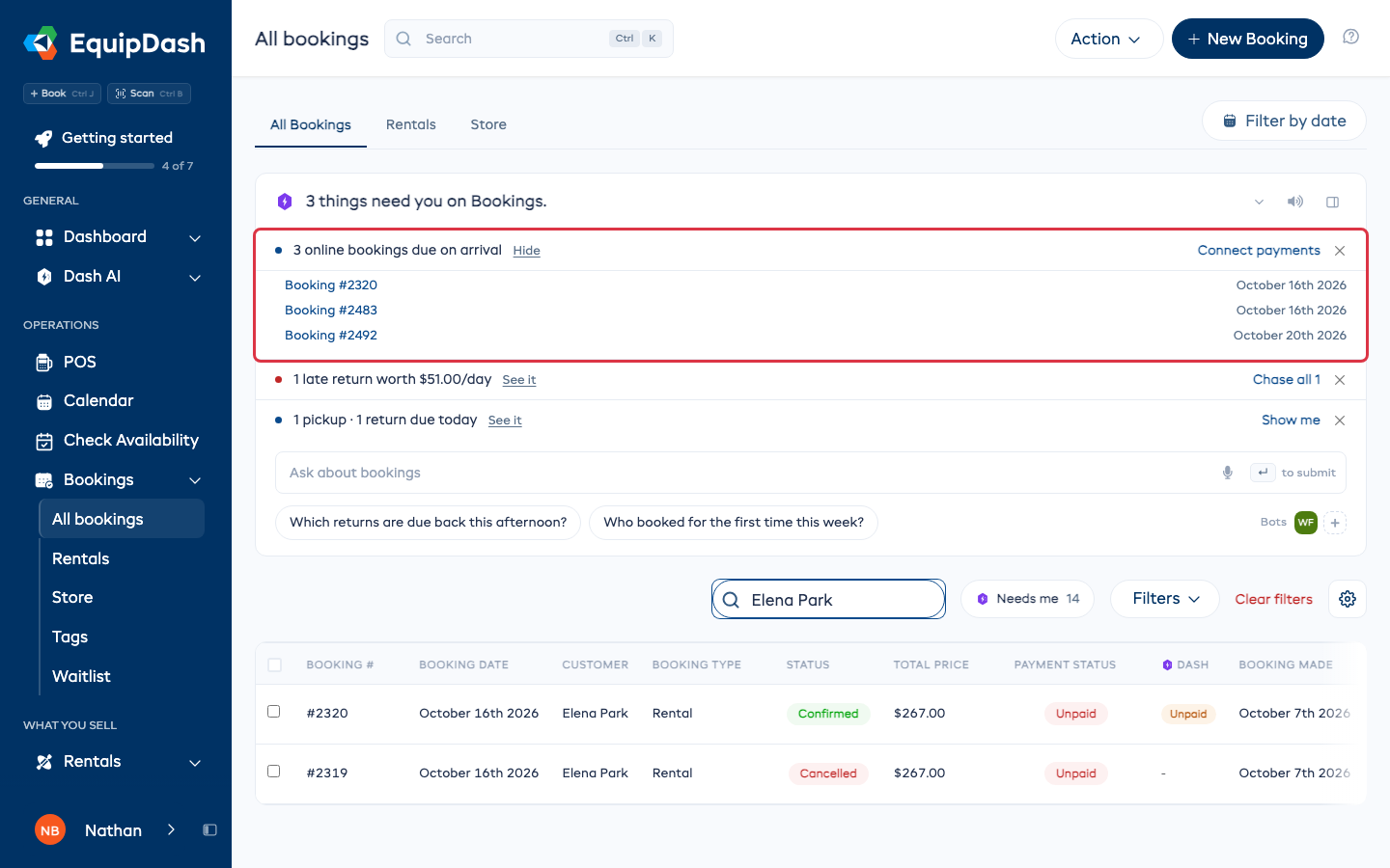 The Dash card on Bookings with 3 online bookings due on arrival, the bookings listed and Connect payments
