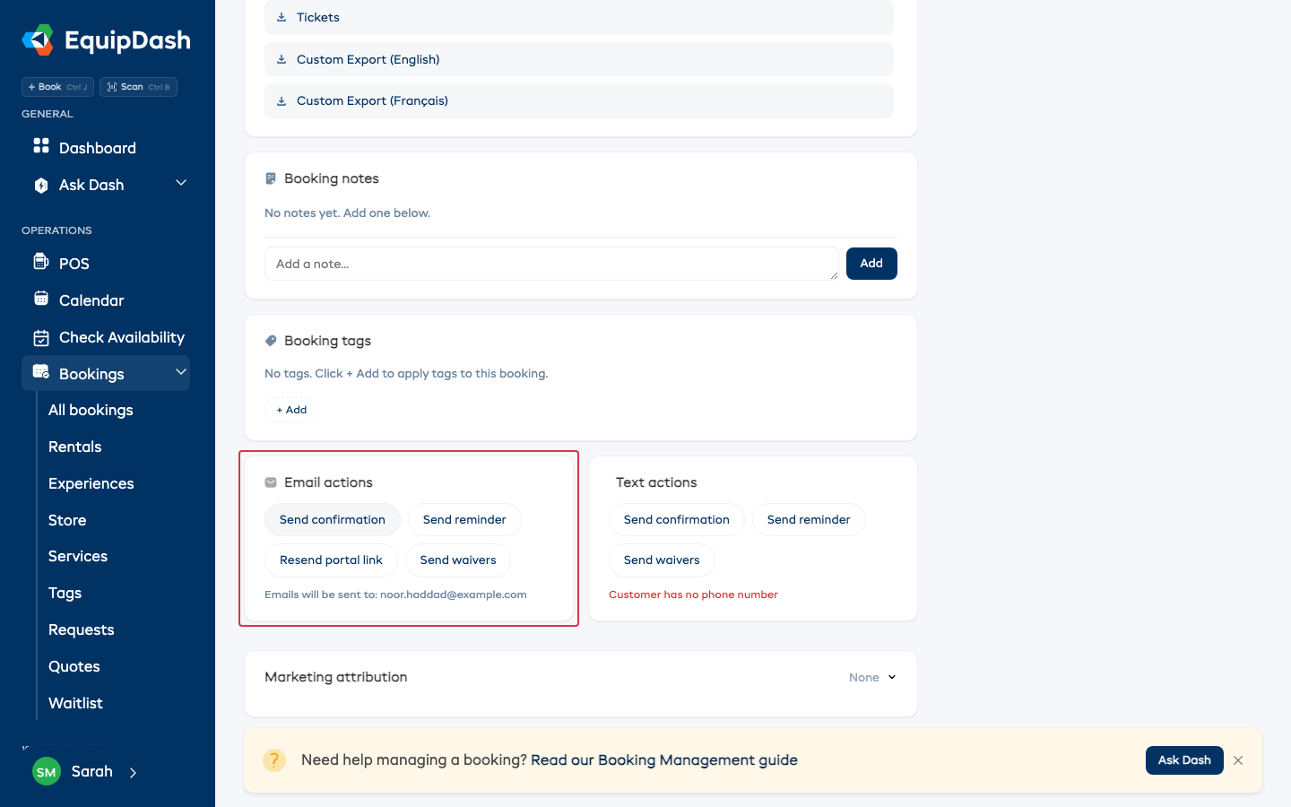 The Email actions card on a booking's Details tab, with Send confirmation, Send reminder, Resend portal link and Send waivers.