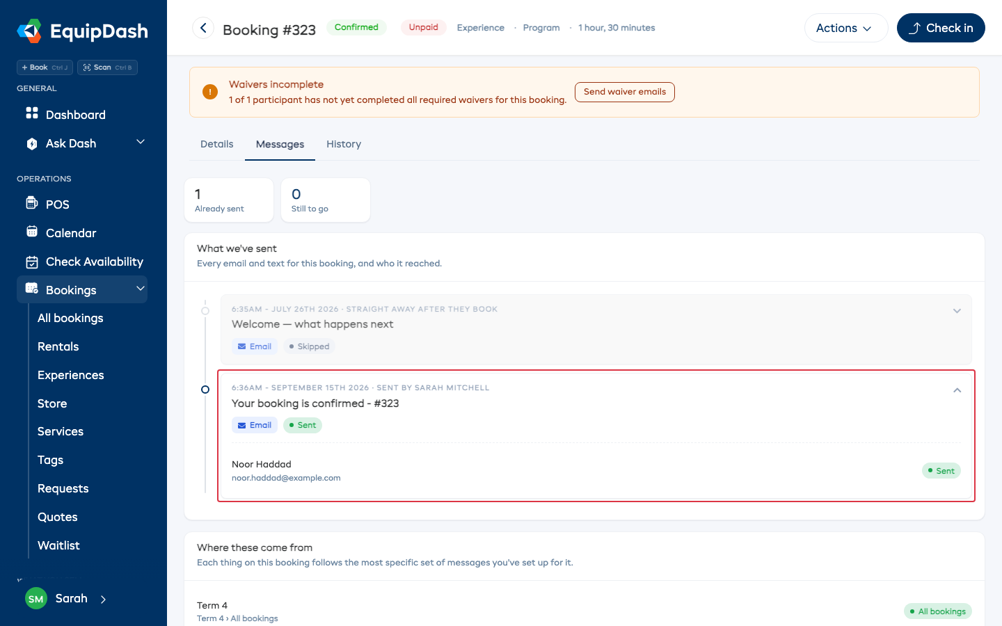 The Messages tab on a booking, showing a scheduled welcome message and a booking confirmation sent by a team member, expanded to show who received it.