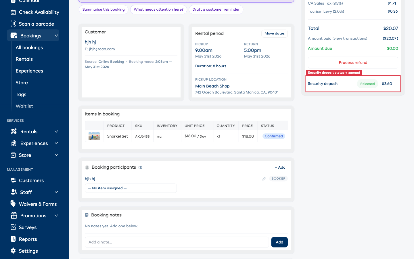The booking detail page showing the Payment card with a Security deposit row at the bottom and a status pill