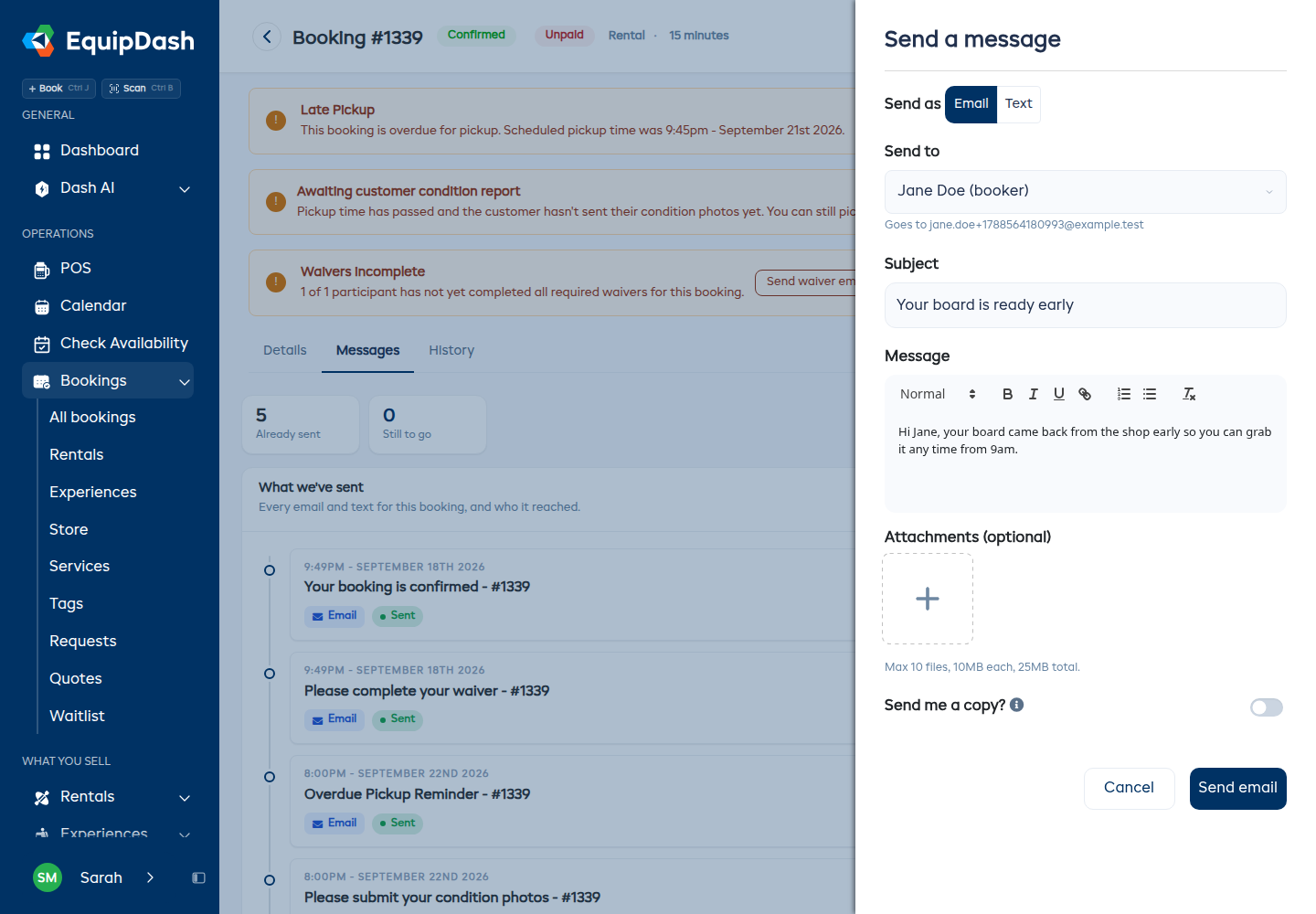 The Send a message drawer on a booking, filled in with a subject and a message, with Send to, attachments and Send me a copy below it.