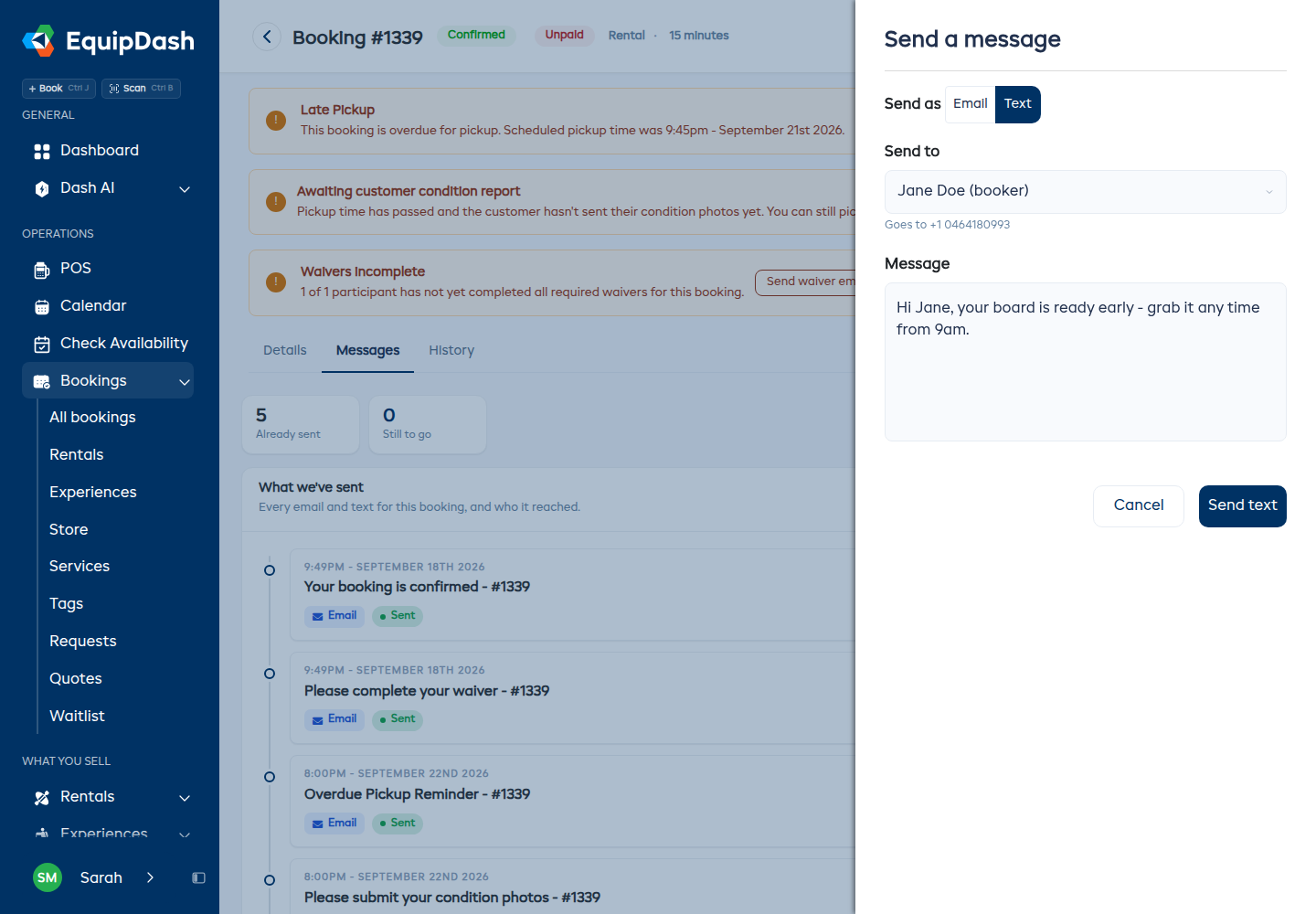The Send a message drawer switched to Text, showing the Send as Email / Text picker, the recipient's phone number and a short message.