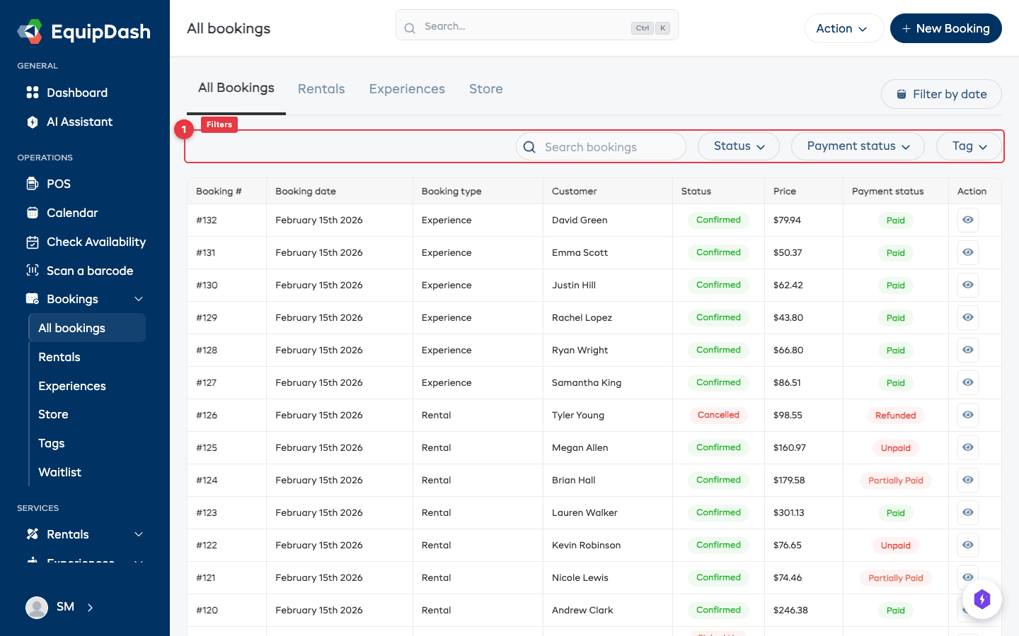 The filter bar above the bookings table with status dropdown, payment status dropdown, tag dropdown, and filter by date button.