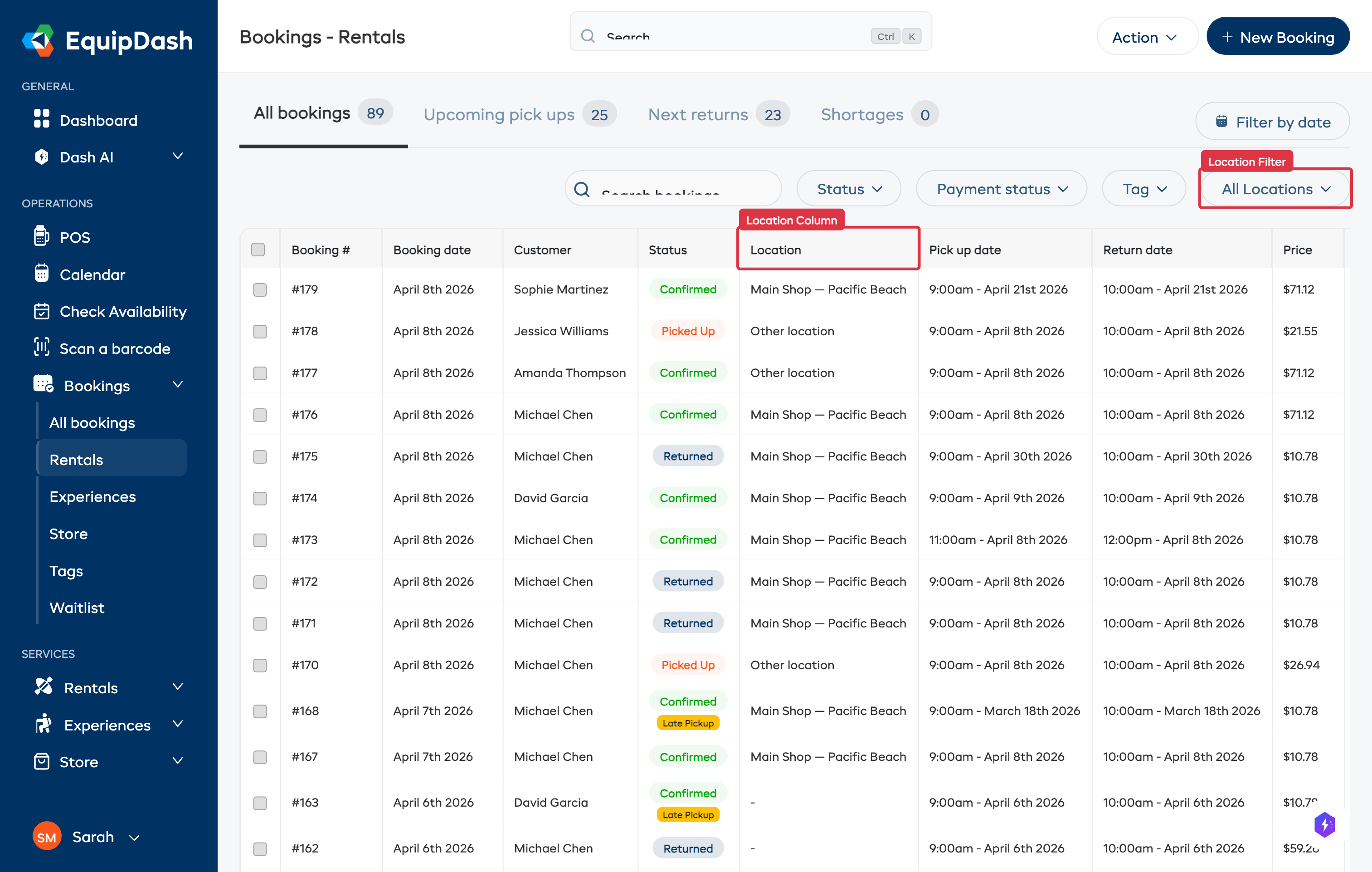 Bookings list with Location filter dropdown and Location column