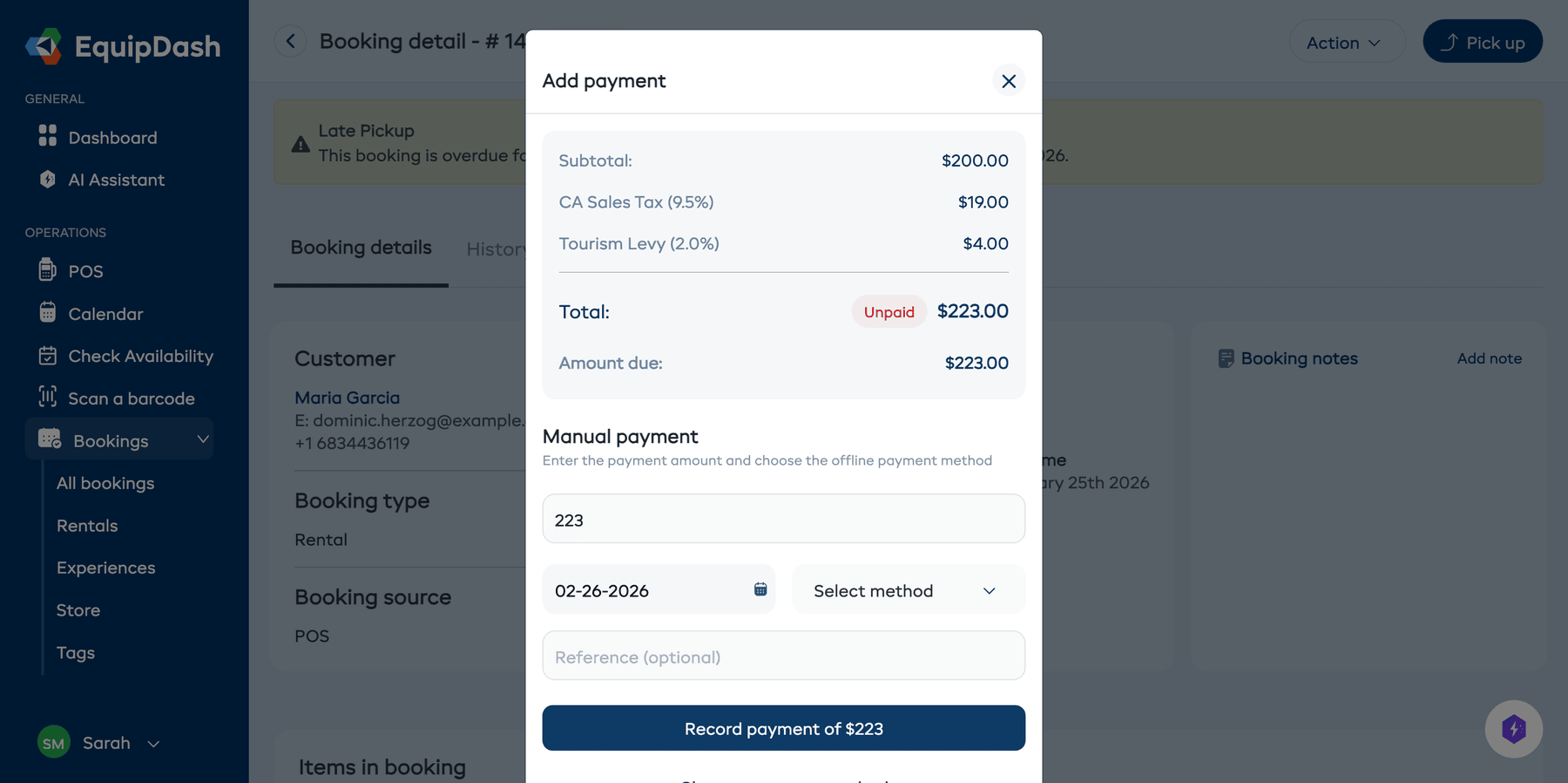 The manual payment form with amount, date, payment method dropdown, and reference fields