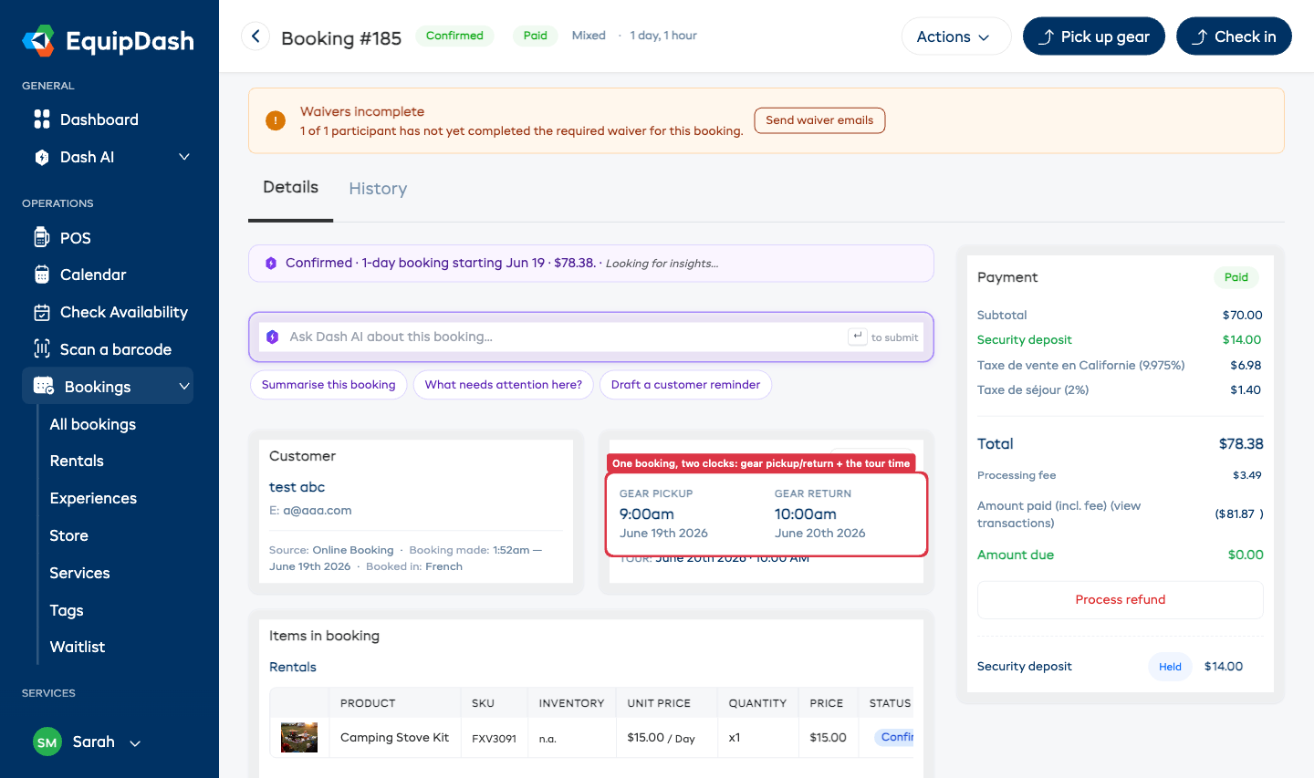 A mixed booking detail page: a "Pick up gear" and a "Check in" action in the header at once, the Order details card showing the gear pickup/return window and the tour time labelled separately, and the items split into Rentals and Experiences.