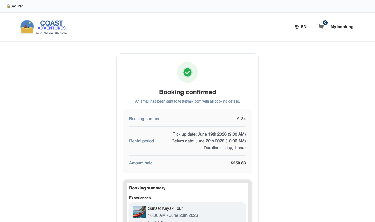 A mixed booking's confirmation page: one booking number, the rental pick-up/return window, a single "Amount paid" for the whole order, and one booking summary covering both the experience and the rental.