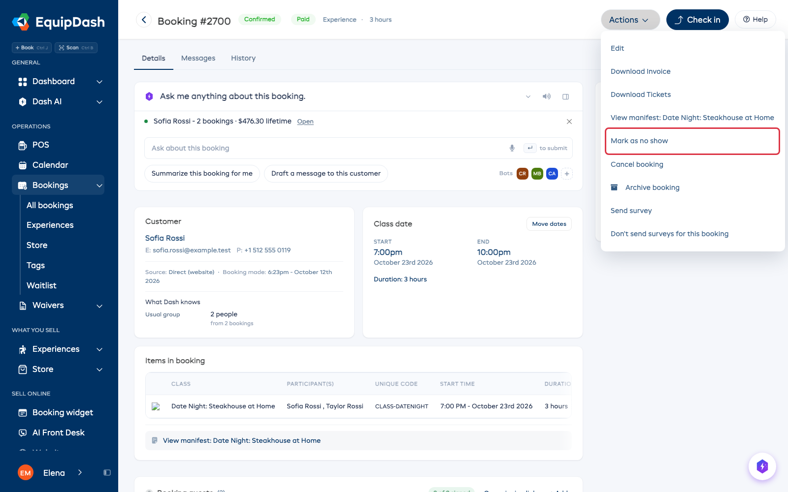 The Actions menu on a booking, with Mark as no show ringed