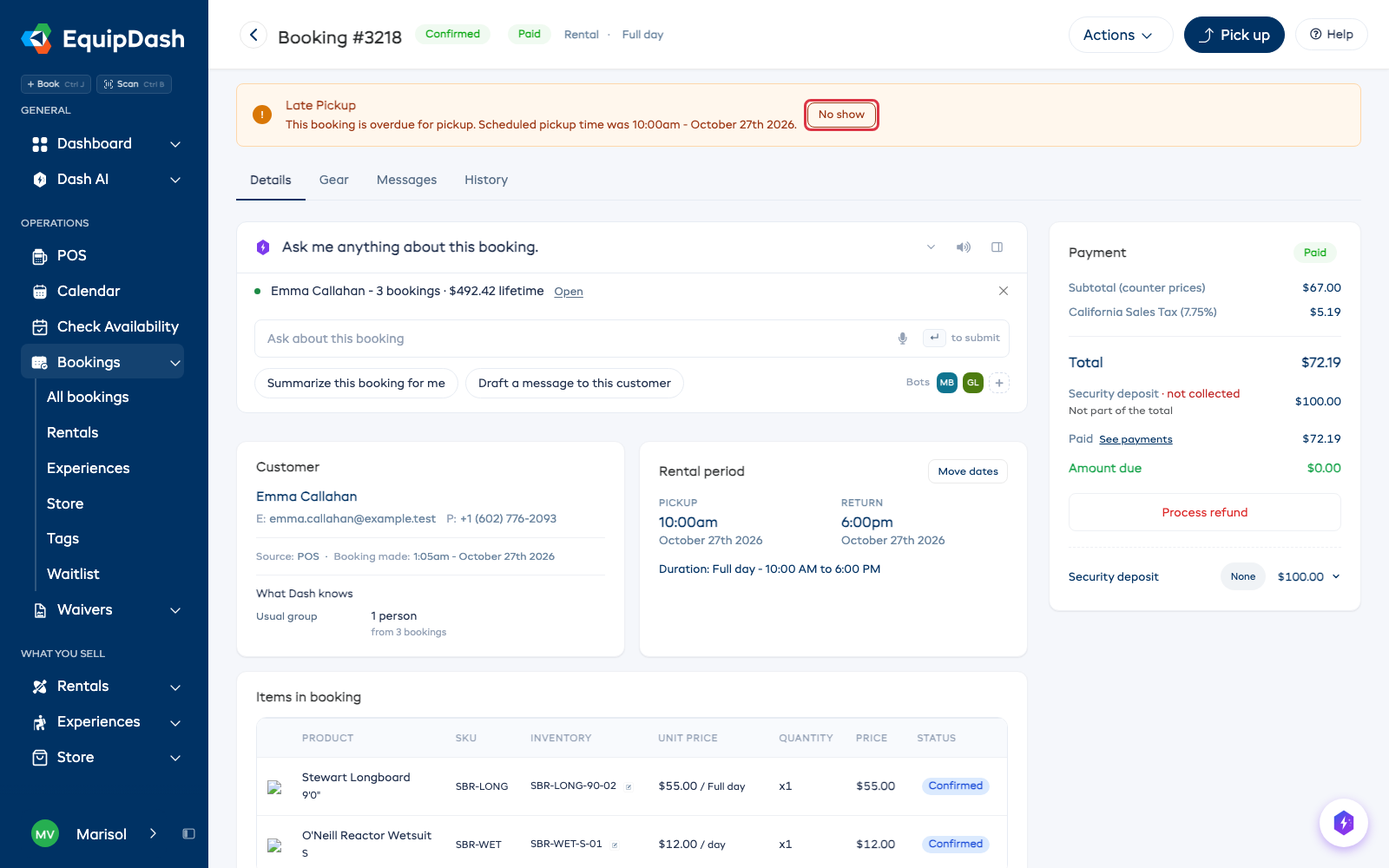 The Late Pickup banner on a booking, with its No show button ringed
