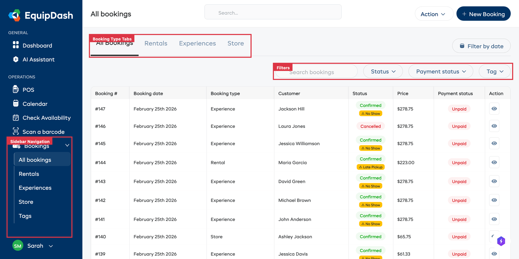 A booking detail page with the status badge highlighted, showing the flow from Confirmed to Picked Up to Returned.