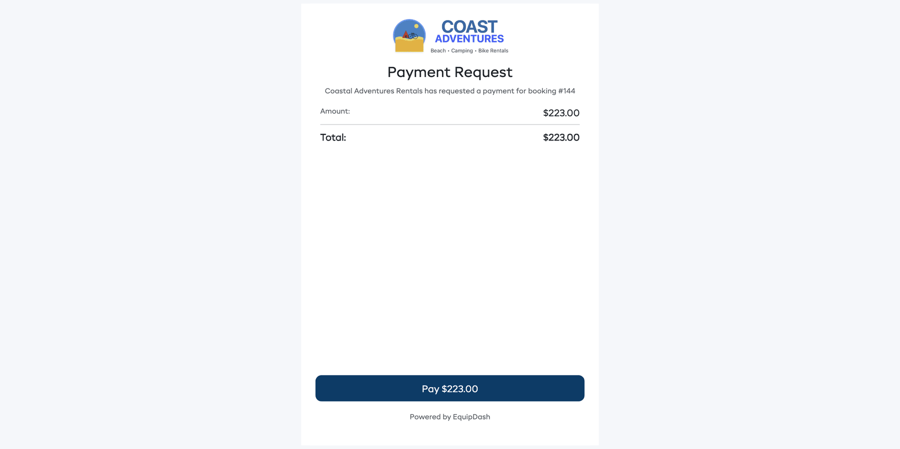 The payment link page the customer sees, showing your business branding, the payment amount, and a card payment form with a Pay button.