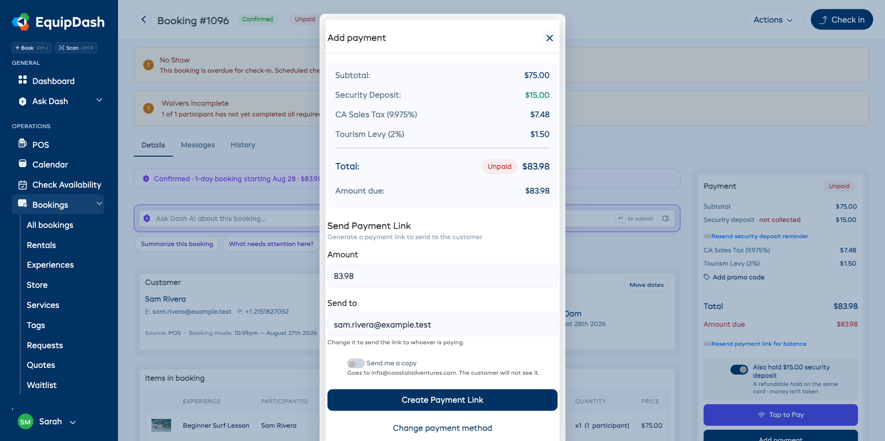 The Payment Link dialog showing the amount, the Send to address, the Send me a copy switch, and the Create Payment Link button