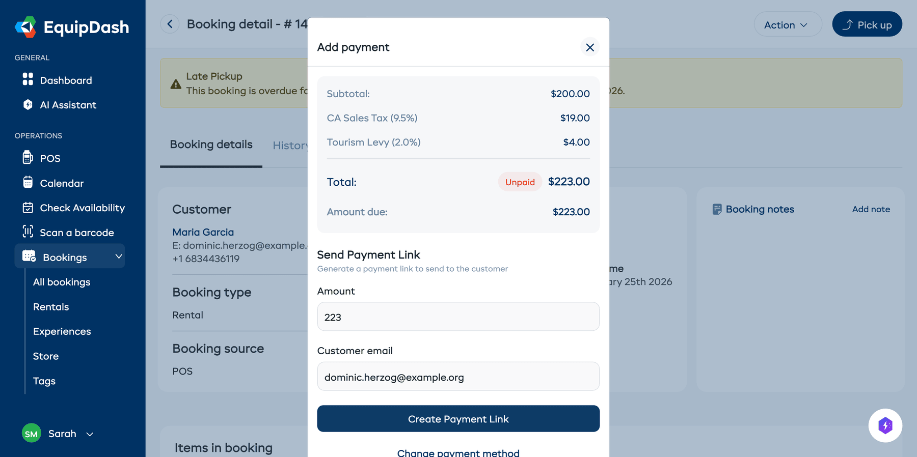 The Payment Link dialog showing the amount, email field, and send button