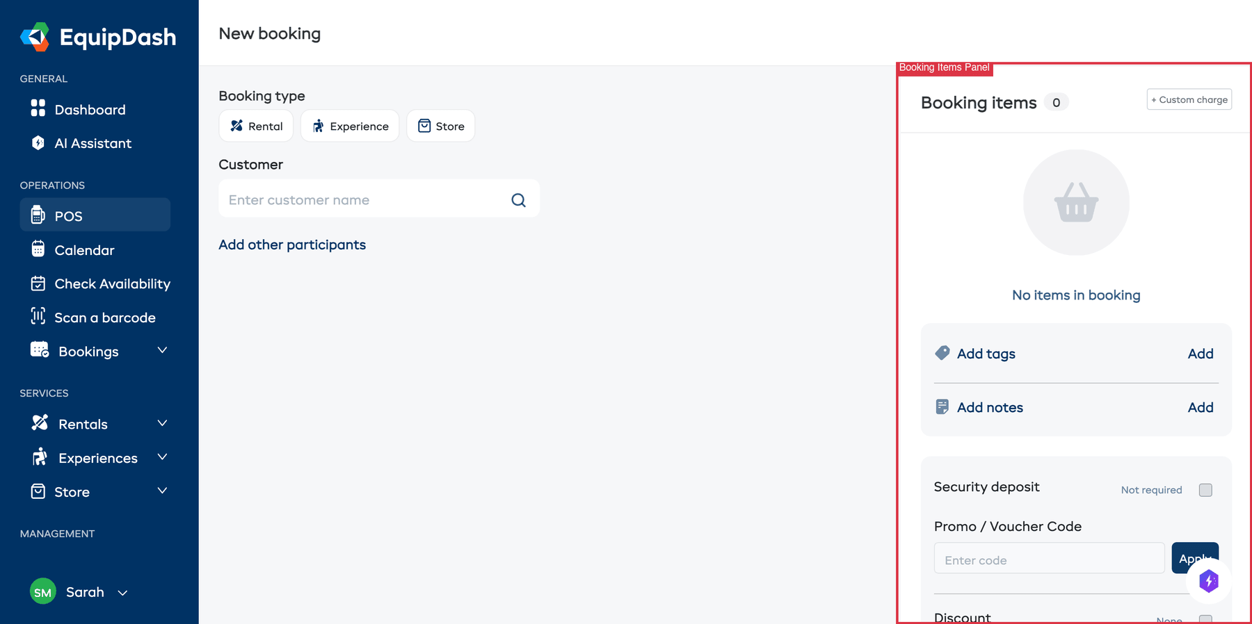 The Booking items panel showing added items with quantities, pricing, and total