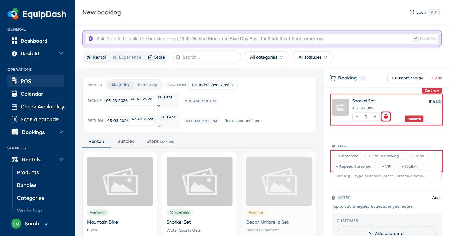 Cart row with the Snorkel Set added — quantity stepper, remove icon, plus the Tags chips, Add tag input, and Notes section beneath.