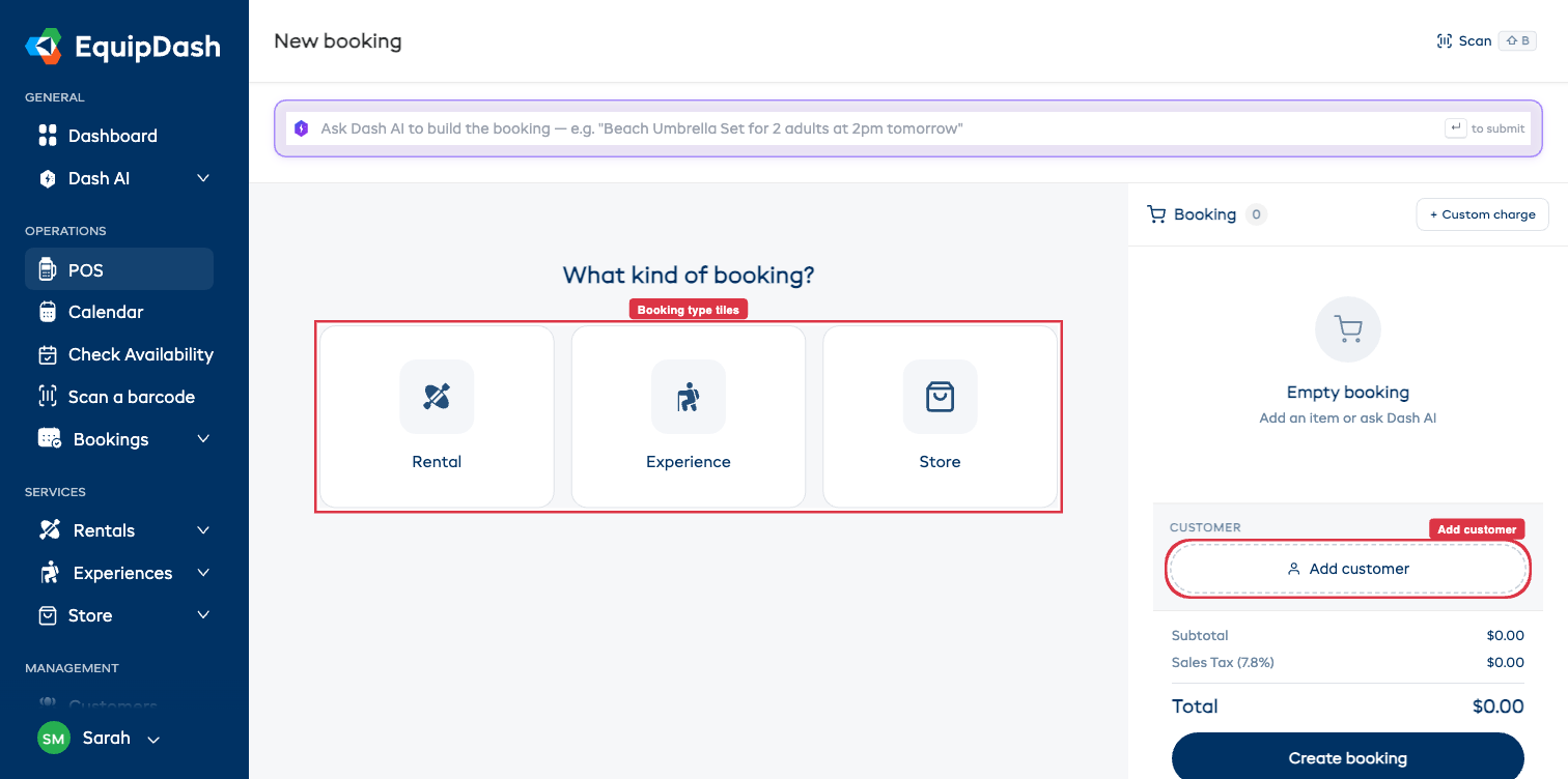 The new POS empty state with the Dash AI bar at the top, the three booking-type tiles, and the right-rail Booking cart.
