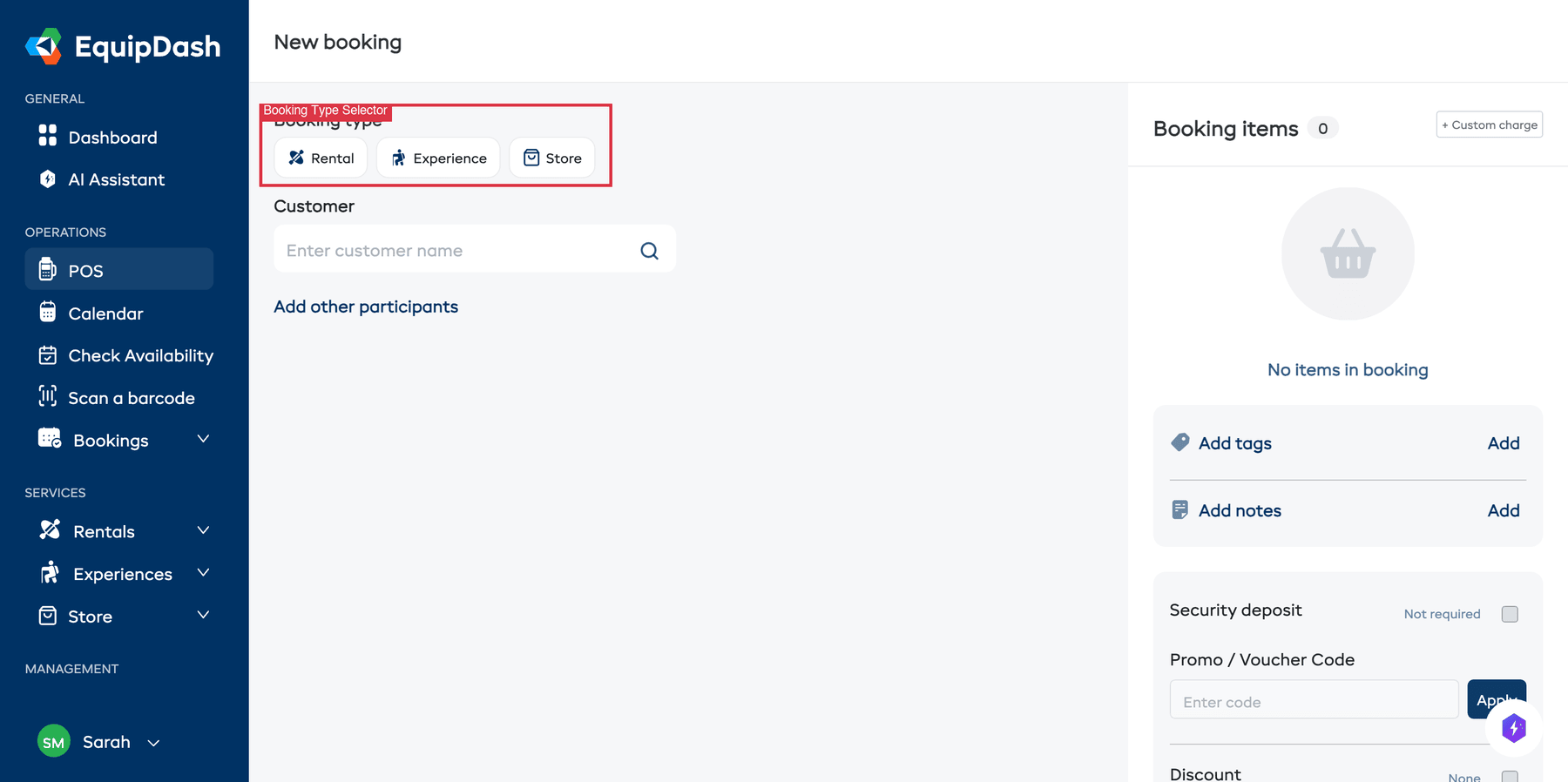 The POS screen with booking type selector, date pickers, and products displayed.