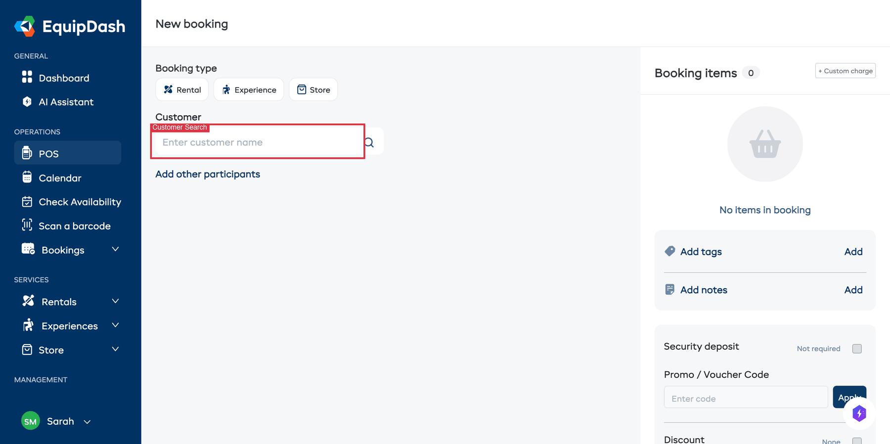 The customer search field with search results and create customer option.